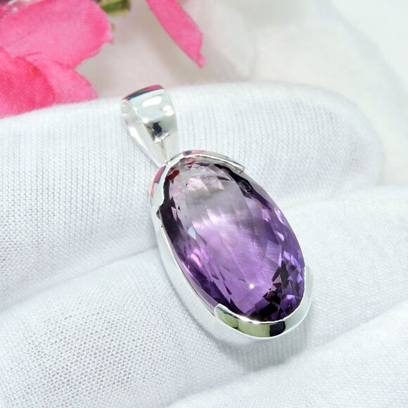 Amethyst Gemstone Pendant, 925 Sterling Silver, Purple Oval Cut Pendant, - Picture 5 of 5